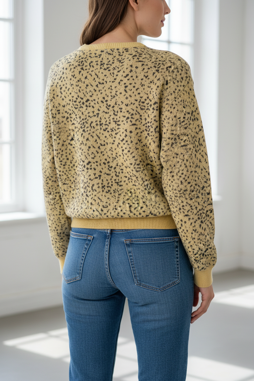 Pullover leopardato giallo posteriore con jeans
