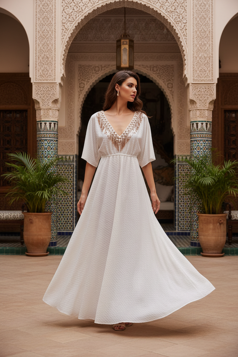 Abito Alina bianco texture nido d'ape a Marrakech