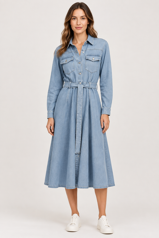 Abito Midi denim su modella, vista frontale