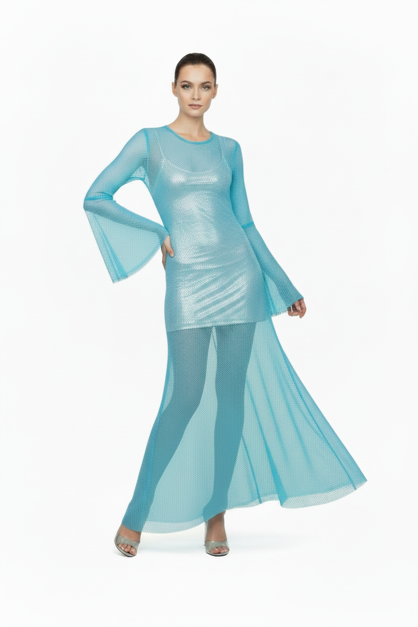 Abito rete turchese con mini dress argento