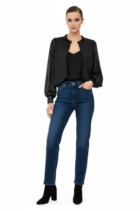 Bolero Cotton Velvet Nero con jeans denim