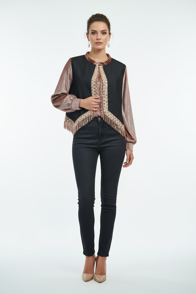 Bolero Denim Cotton Velvet Paillettes su modella