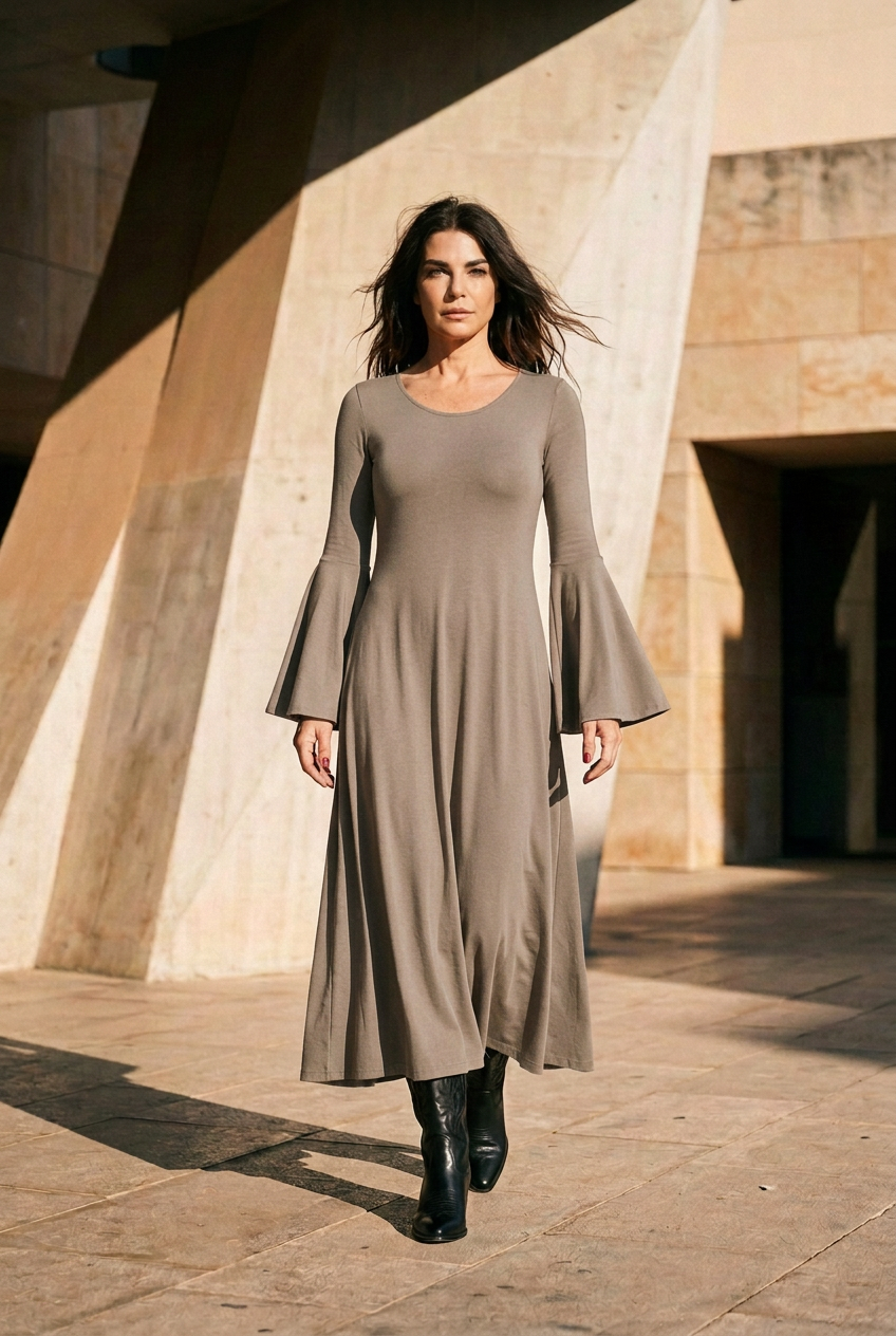 Abito Kristalia tortora indossato da modella