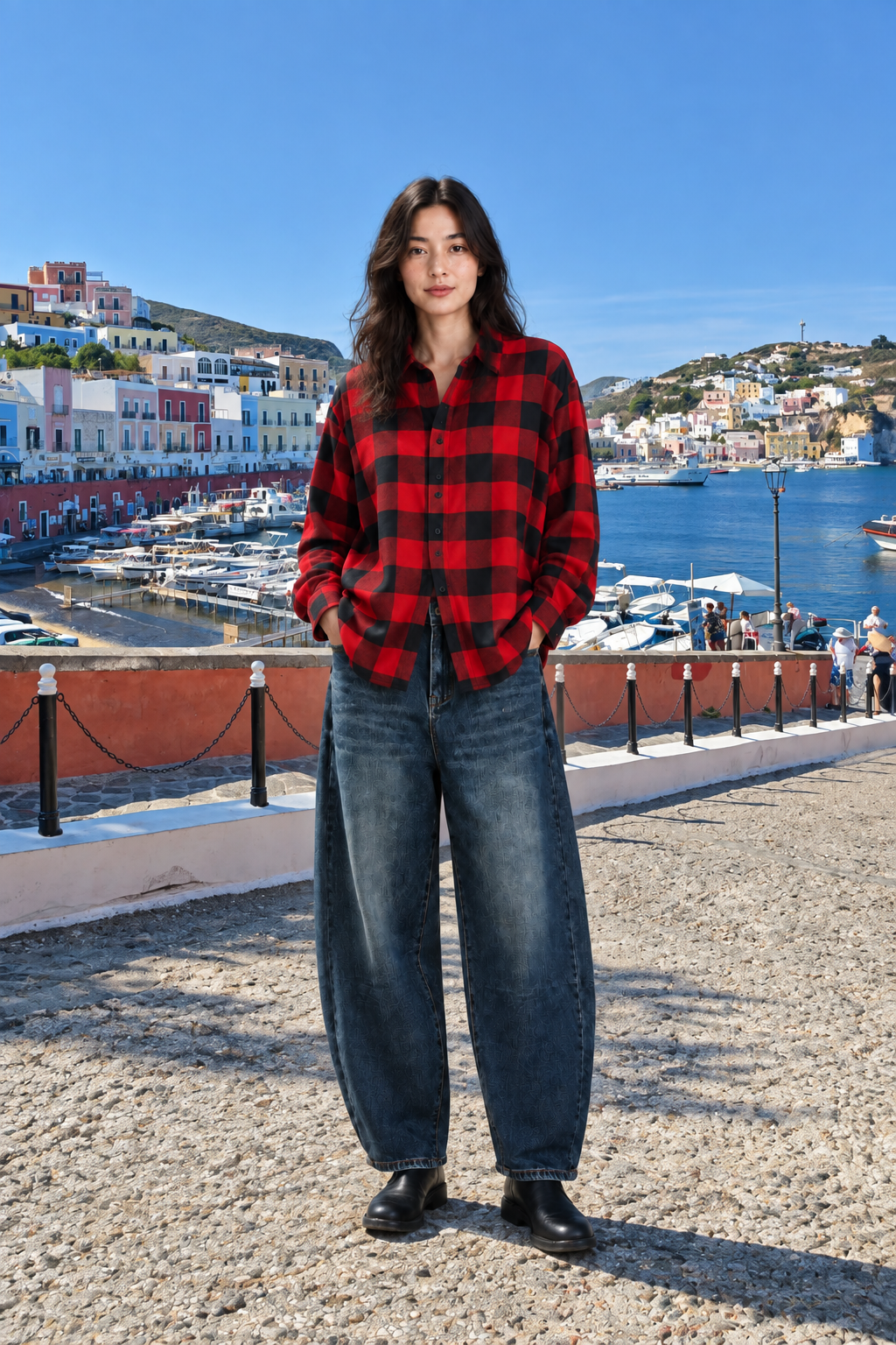 Modella con camicia a scacchi e jeans sul lungomare della foto inviata