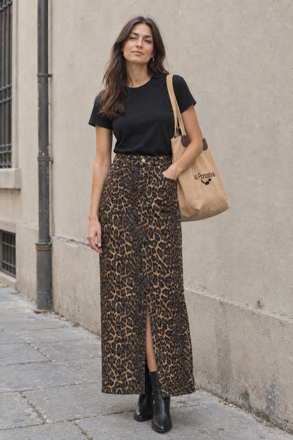 Modella con gonna animalier e borsa beige al posto della borsa nera