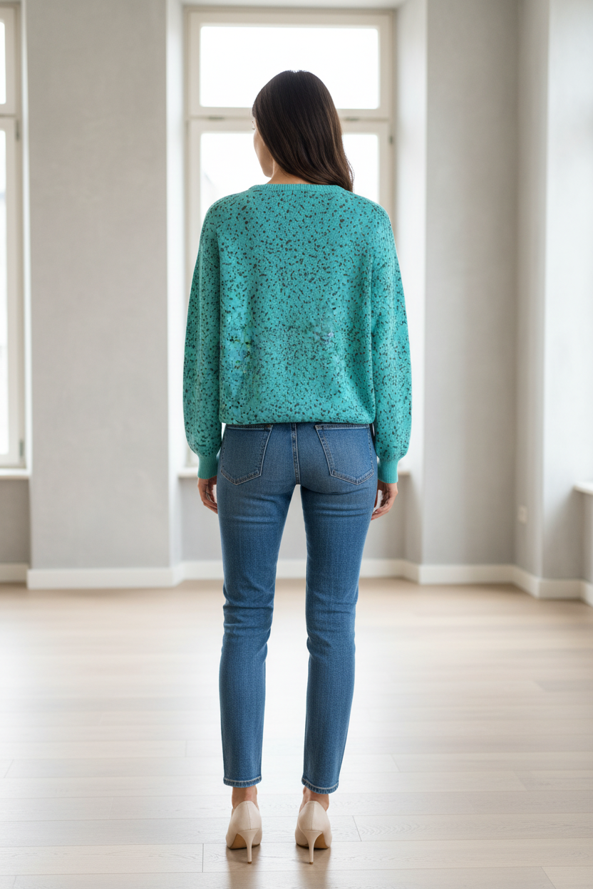 Pullover leopardato celeste posteriore con jeans