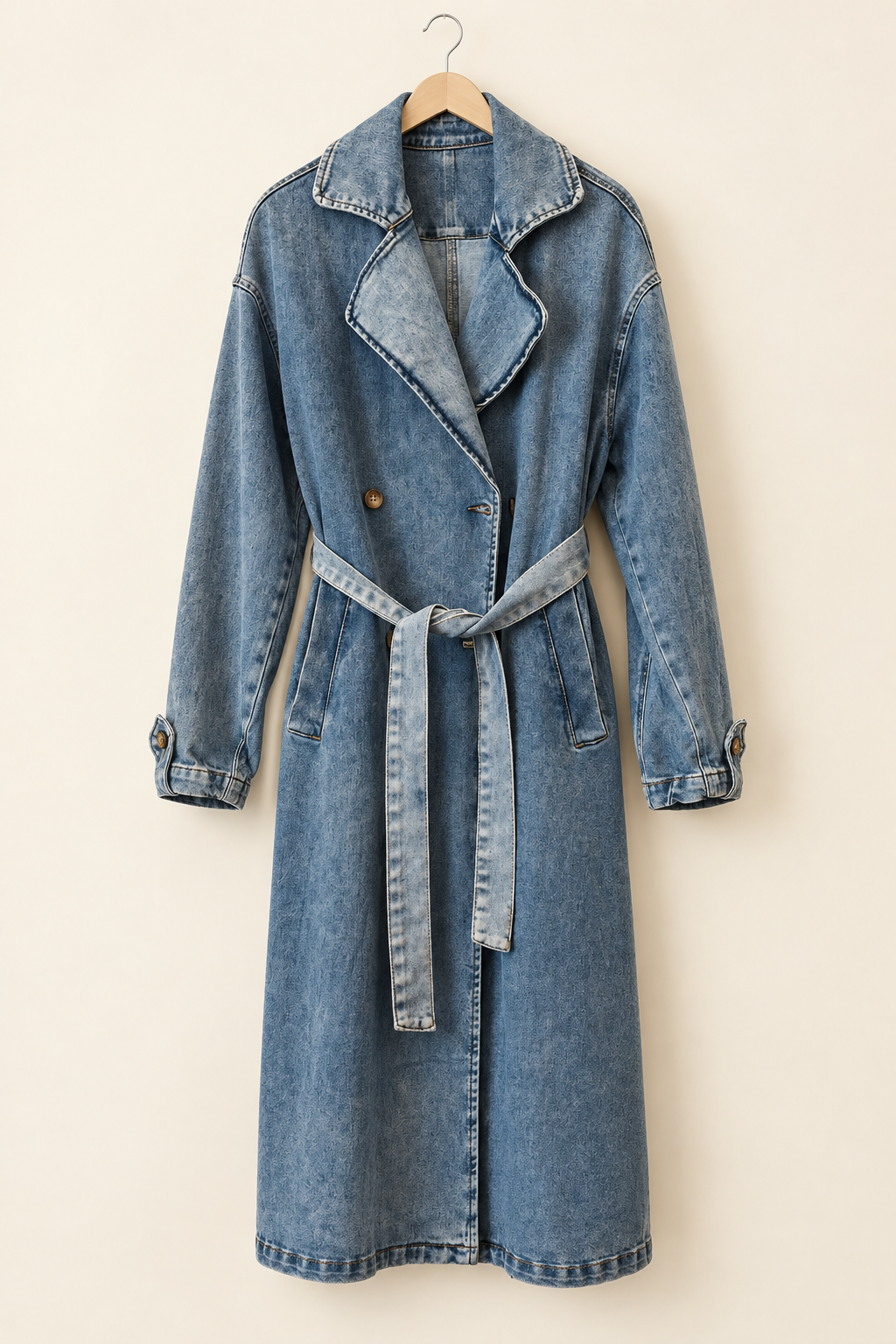 Still life del trench in denim blu