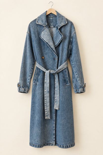 Still life del trench in denim blu
